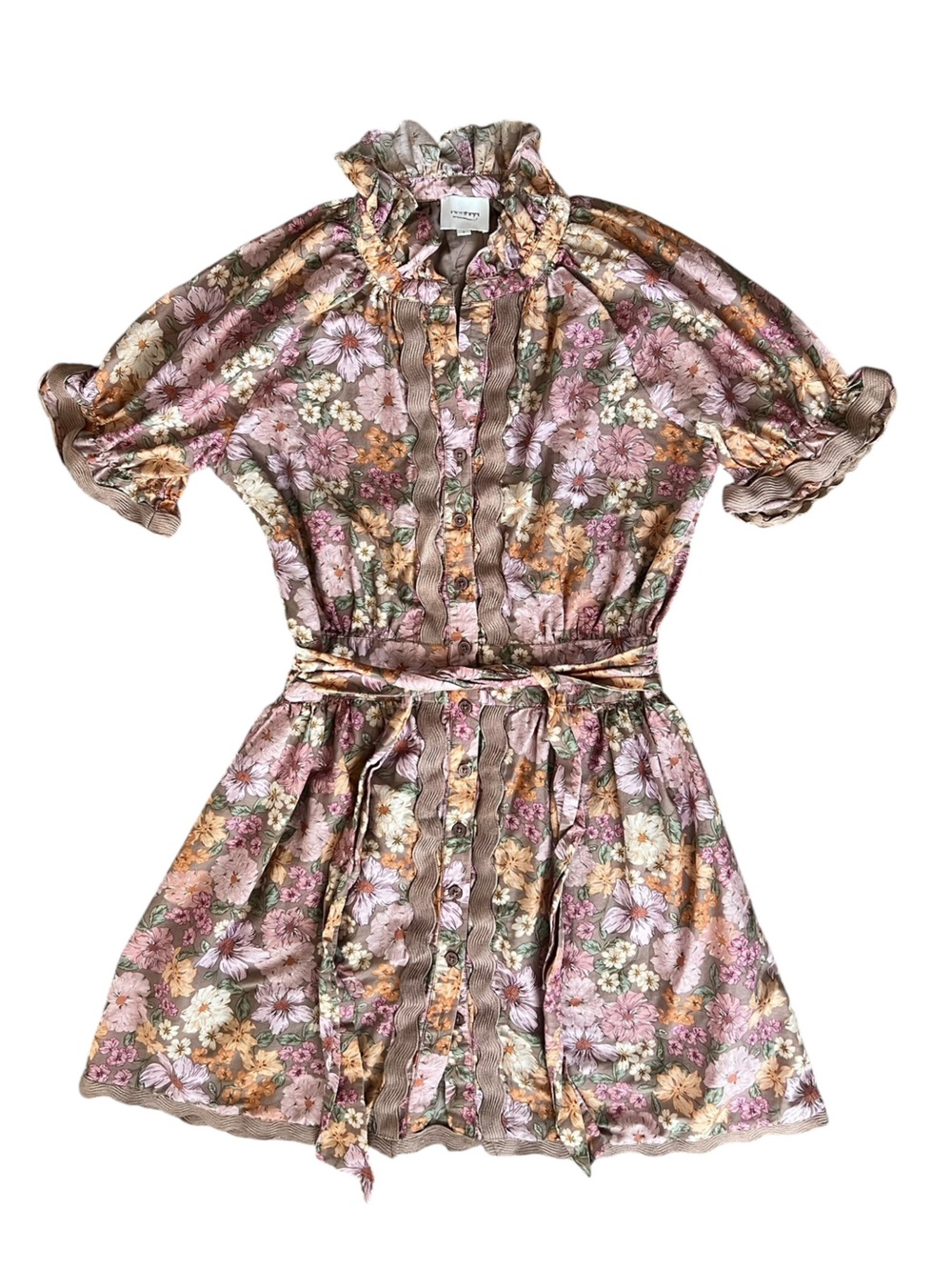 Anthropologie Sundays Evelyn Short Sleeve Dusk Floral Brown Mini Shirt Dress - Picture 2 of 11